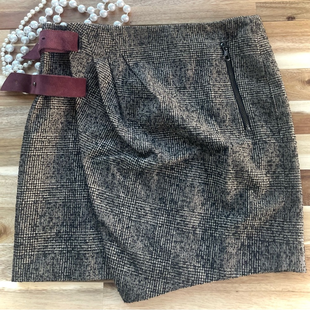 RAG & BONE | 2 | Maroon Leather Suede Wool Tweed Plaid Wrap Lined Mini Skirt